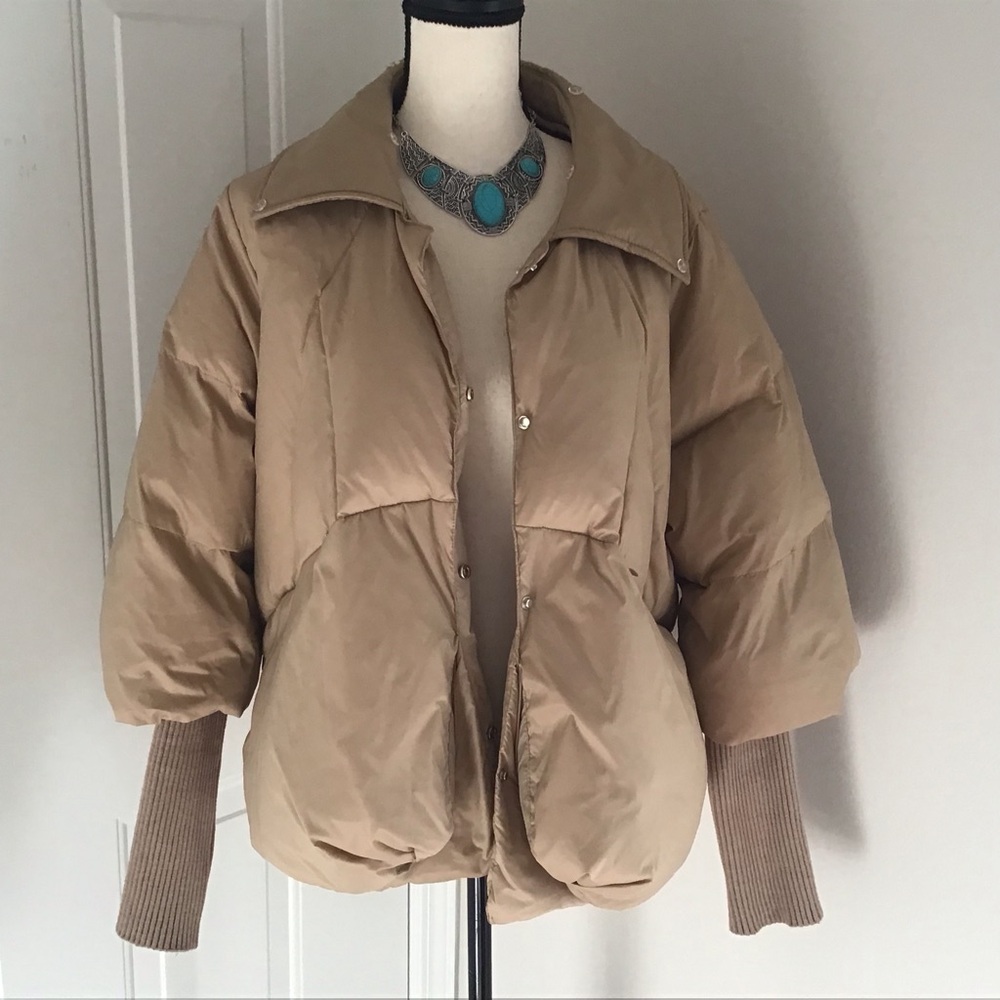 Khaki down knit sleeve puffer nwot